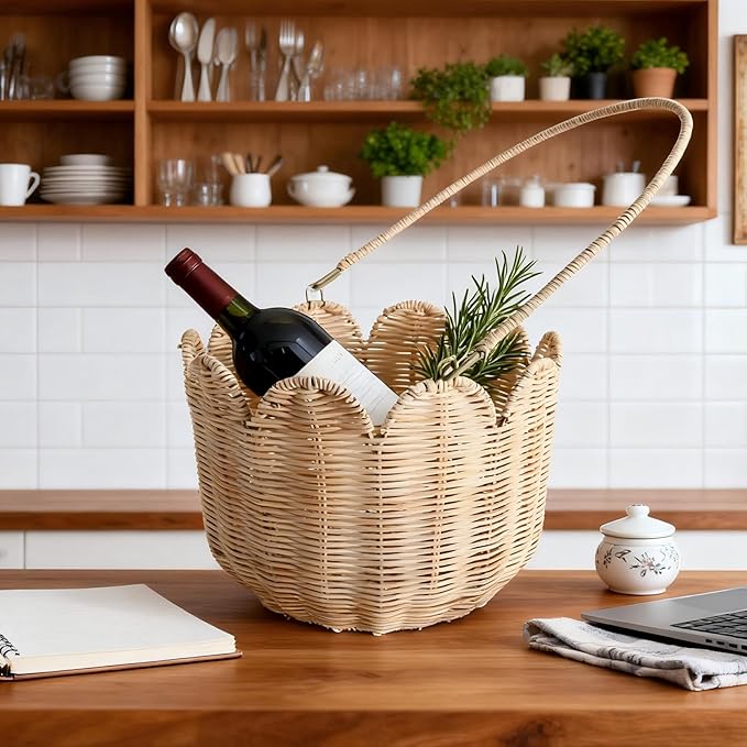 Scalloped Edge Round Basket with Handle, Super Sturdy Wicker Storage Baskets, Hand Woven Basket for Shelves,Natural Baskets for Organizing (White Rattan, 10.2"*10.2"*7.3")