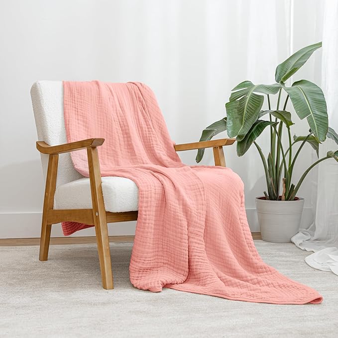 Comfy Cubs Muslin Throw Blanket - 50” x 60” Quilted Design - Lightweight, Breathable 6-Layer Gauze Fabric - Soft Cotton Blanket for Home or Travel - Packaged in Elegant Gift Box - Bold Blush