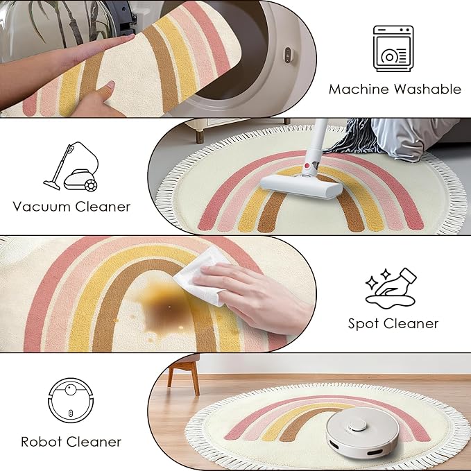 Rainbow Tassels Soft Area Rug for Girls Kids Room Washable Artificial Wool Bedroom Living Room, Kid Round Carpet Rainbow Pattern, Non-Slip Indoor Floor Carpet Home Decor, 3 Feet