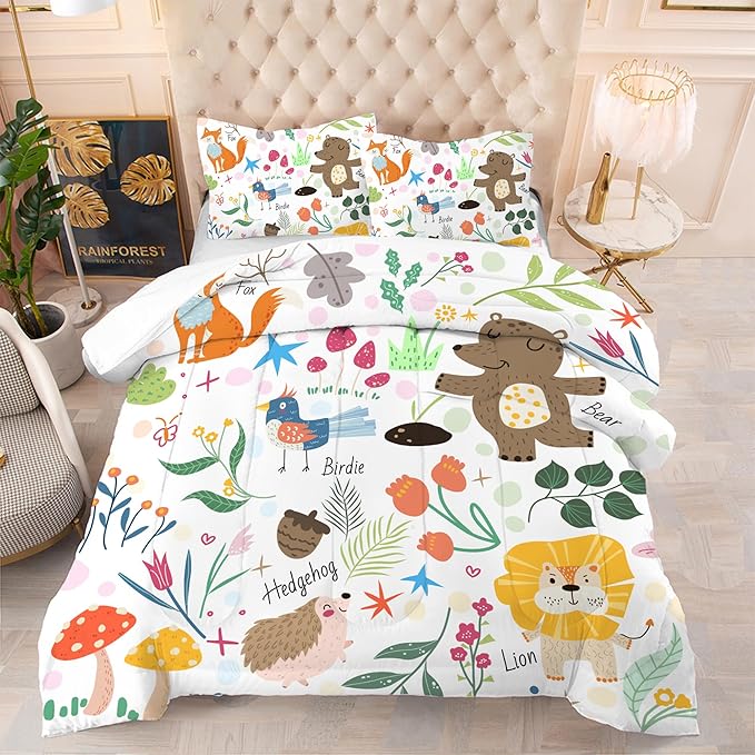 Animal Comforter Set Twin: Forest Animals Kids Bedding Set Cute Safari Woodland Quilt Jungle Cartoon Fox Bear Lion Flowers Bed Sets for Girls Boys Children Teens Toddler