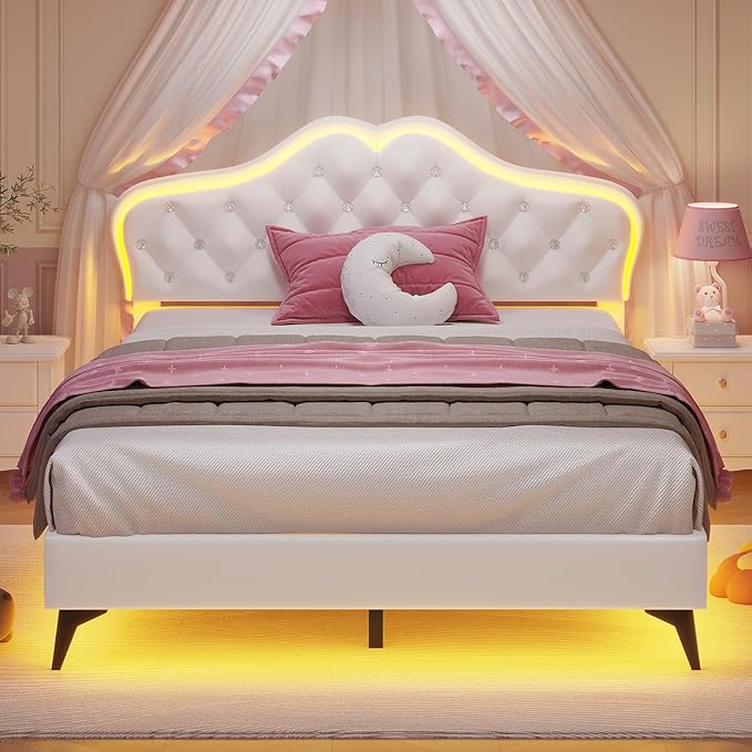 ADORNEVE Full Bed Frame with RGB LED Lights, Princess Bed Frame with Adjustable Crystal Button Headboard, Velvet Upholstered Platform Bed for Girls, Solid Wooden Slats, Easy Assembly, Creamy White
