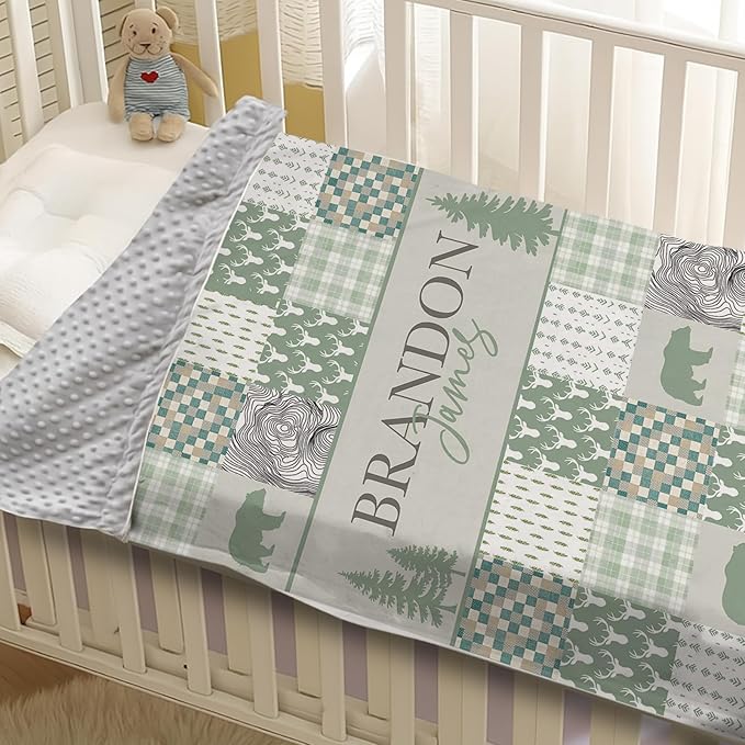 Personalized Rustic Woodland Baby Blanket - Custom Name Bear & Deer Design, Soft Blanket with Double Layer Dotted Backing for Infants Toddlers, Ideal Nursery Decor (30”x40)