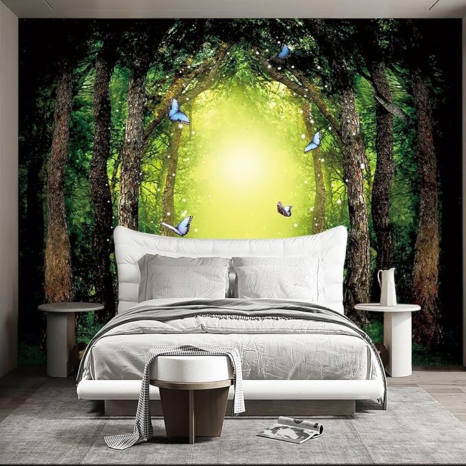 Classy Dream Butterfly Forest Tree Wallpaper for Bedroom Jungle Woodland Wall Mural Living Room Large Woods Adhesive Fabric decorr - 183"x120"（Not Peel and Stick）