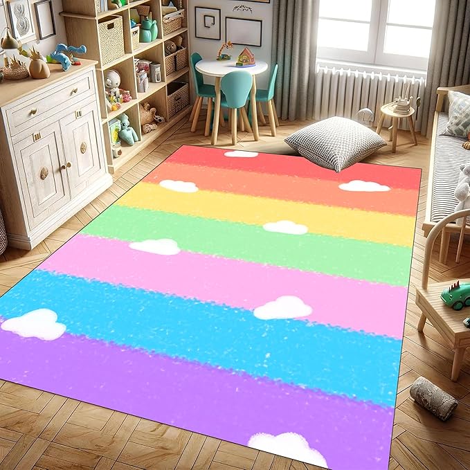 Soft Rainbow Area Rugs Girl's Bedroom Fluffy Colorful Rugs Cute Floor Mats Furry Children's Play Mats White Cloud Rainbow Prints Living Room Kids Room Nursery Home Decor 2x4ft