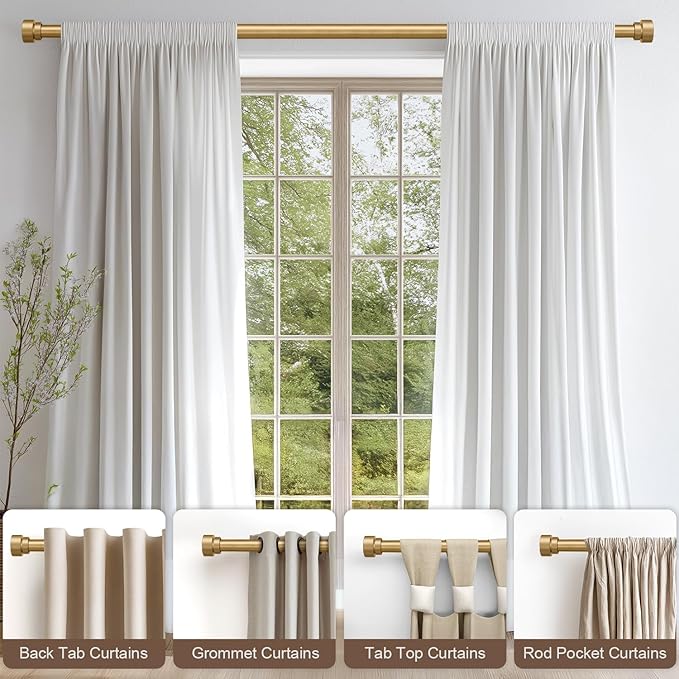 Modern Gold Curtain Rods for Windows 48 to 84 Inches Adjustable Length Heavy Duty 1" Diameter Window Curtain Rod with Decorative Finials for Outdoor Bedroom Kitchen Living Room