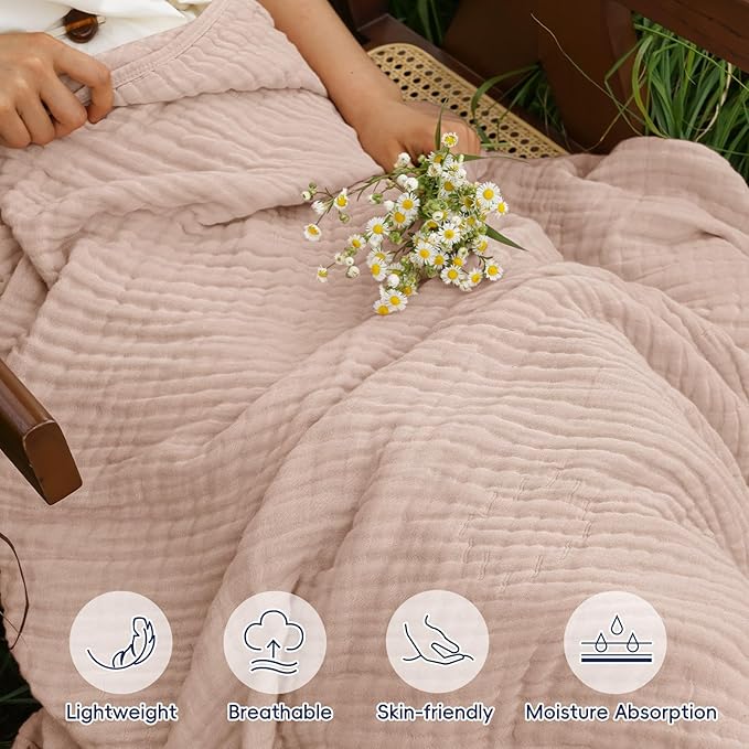 PHF Cooling Muslin Blanket King Size 104"x80", 6-Layer Lightweight Gauze Blanket Made from 35% Rayon Derived from Bamboo & 65% Cotton, Breathable & Ultra Soft Cozy, Aesthetic Home Decor, Cameo Rose