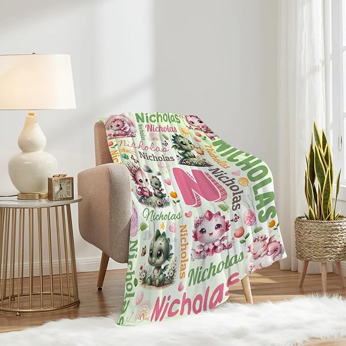 Personalized Custom Dragon Floral Blanket Gifts for Kids Boys Girls with Name - Customized Dragon Floral Super Soft Lightweight Flannel Sheets Decor for Crib Nap Couch - 60"x80" for Adult