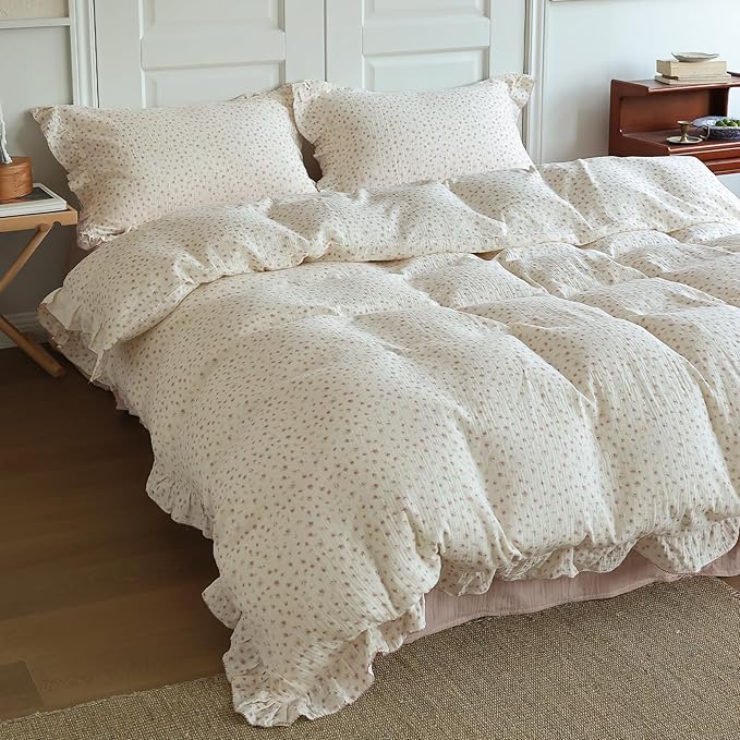 BuLuTu Princess Ruffled Muslin Duvet Cover for King Bed, 100% Cotton Bedding Soft Lightweight Quilt Cover with Zipper, Chic Shabby Pink Floral Print Comforter Cover 90"x104", No Pillow