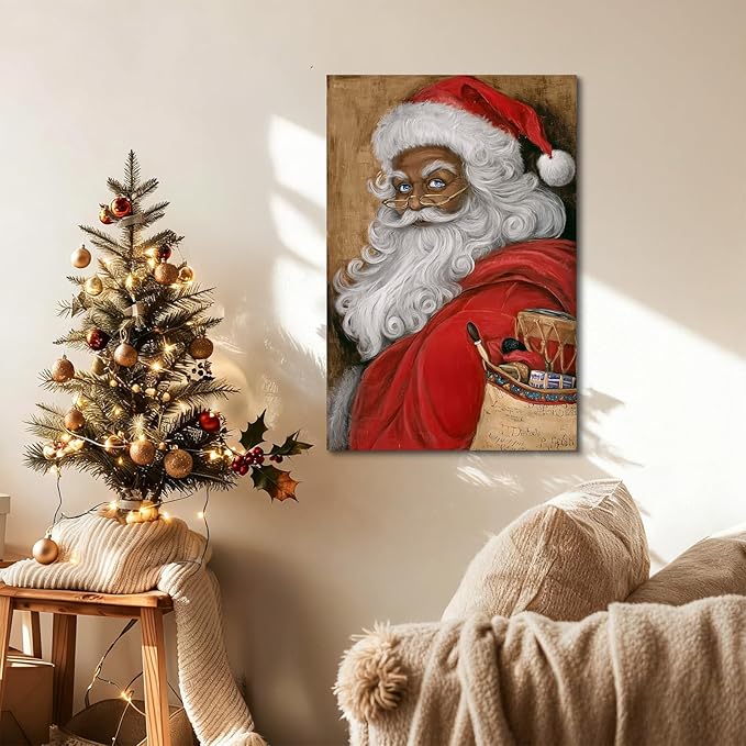 YONICA Christmas Canvas Wall Art Vintage Santa 24x32 Inch Retro Gift Bag with Toys - Large Framed Gallery Wrapped Traditional Decor