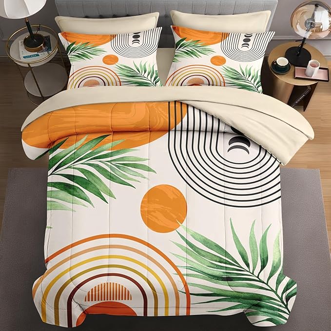7 Pcs King Size Comforter Set with 2 Pillowcases & 2 Shams, Contemporary Mid Century Bedding for Kids and Adults, Rainbow Sun Boho Geometric Bed in a Bag with Flat Fitted Sheet