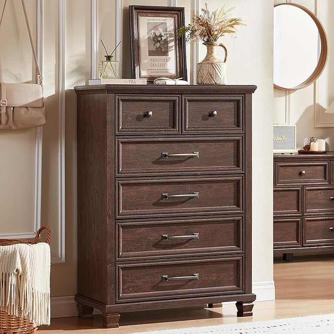 Farmhouse Bedroom Dresser and Nightstand Set of 4, 6 Drawer Tall & 5 Drawers Dresser & 2 Drawer Nightstand Set, Rustic Wood Furniture Set for Bedroom, Hallway, Walnut