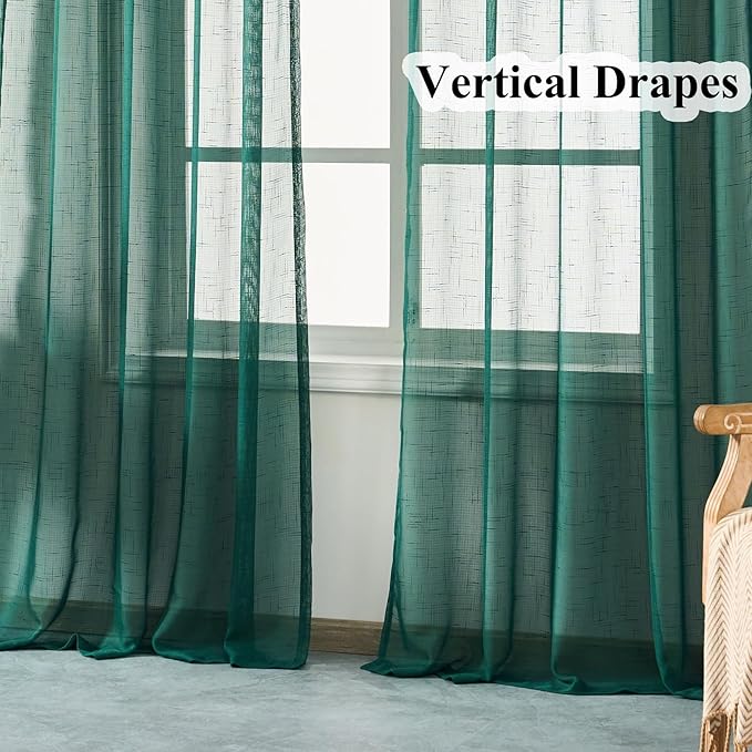 Emerald Green Curtains Sheer 96 Inches Long, Dark Linen Look Textured Light Filtering Drapes Decor, Hunter Green Transparent Window Treatments, Pinch Pleat Curtain with Hooks