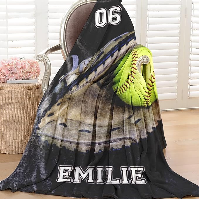 Personalized Baseball Blanket for Baby Kids - Custom Name and Number - Soft Warm and Fluffy Flannel Fabric Gift for Sports Lovers 50x60inch
