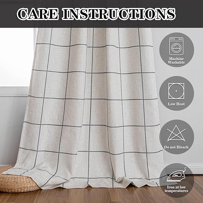 MYSKY HOME 100% Blackout Plaid Linen Curtains 63 Inches Long Double Layer Farmhouse Thermal Insulated Checkered Print Drapes with Rod Pocket Back Tab for Living Room Bedroom, 2 Pcs, 52"Wide, Deep Grey