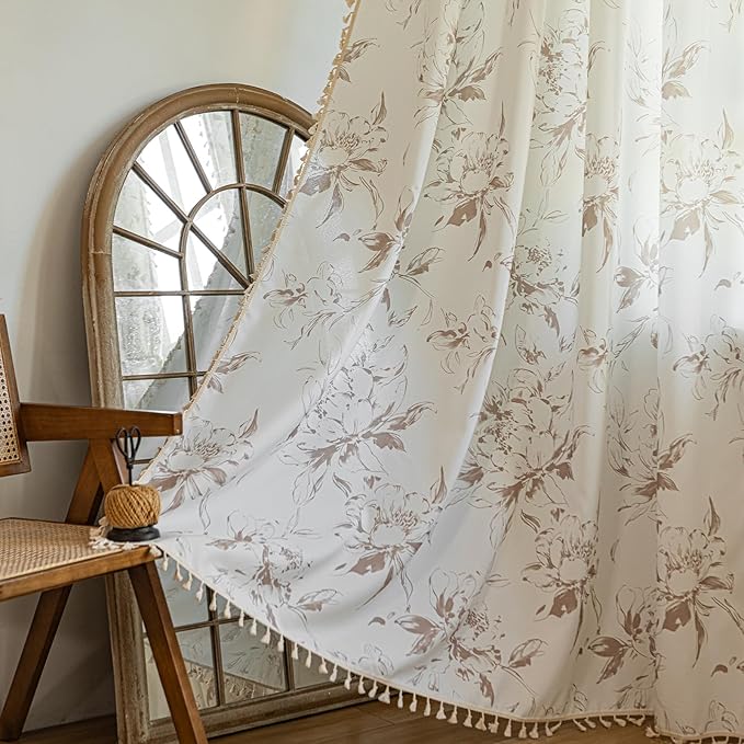ENJOYBRIDAL Floral 63 Inch Curtains for Bedroom Cute Drapes Boho Semi Sheer Living Room Short Window Curtain Panels Retro Light Filtering Farmhouse Rod Pocket 2 Panels Window Treatments