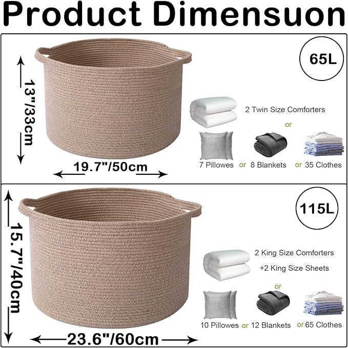 Large Blanket Basket for Organizing,65L Closet Organizers and Storage Bins Box for Shelves Woven Rope Storage Baskets,Living Room,Bedroom,Dorm,Laundry room (Brown)