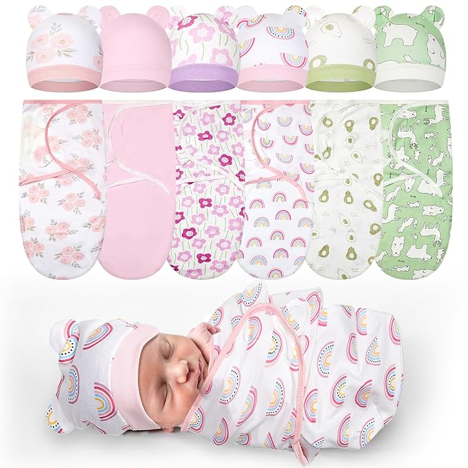 Ramede 6 Pack Preemie Swaddle Blanket with Hats Sleep Swaddle for Baby Boy Girl Preemie Newborn Sacks Soft Cotton Wearable(Flower,Pink and Green)