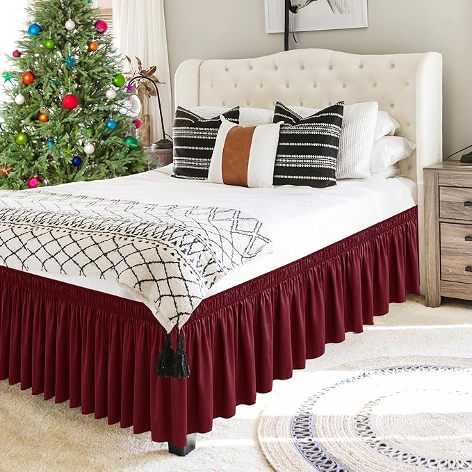 Biscaynebay Wrap Around Bed Skirts for Queen Beds 15" Drop, Burgundy Adjustable Elastic Dust Ruffles Easy Fit Wrinkle & Fade Resistant Silky Luxurious Fabric Machine Washable