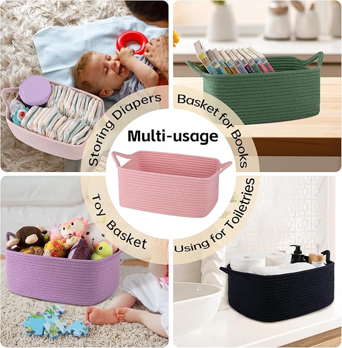 OIAHOMY Woven Basket, Gift Basket Empty with Gift Bags and Ribbons, Rope Baskets for Baby Showers, Storage Baskets with Handles for Nursery, Pet Toy Organizer - Mixed Pink