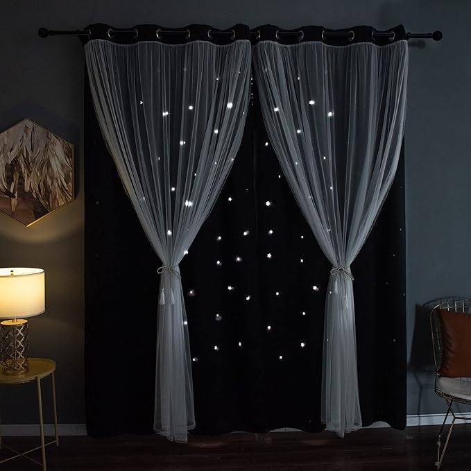 Kinryb Black Star Cutout Blackout 95 Inches Curtains Double Layer with Sheer Overly Curtains for Bedroom Thermal Insulated Window Treatment Set with 2 Free Tiebacks (52W x 95L 2 Panels Black)