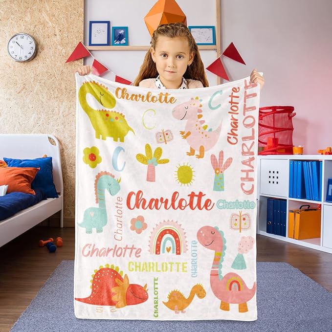 Personalized Dinosaur Blanket with Name for Girl, Custom Kids, Soft Flannel Pink Toddler Customized Gift Birthday Christmas Baby Shower Children Day, 40''x50'' child
