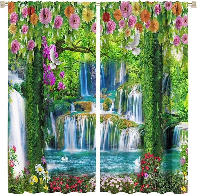 Jungle Nature Blackout Window Curtains, Trees Scenic Waterfall and River Spring Pattern Print Window Drapes, for Living Room Bedroom 42x63in 2 Panels