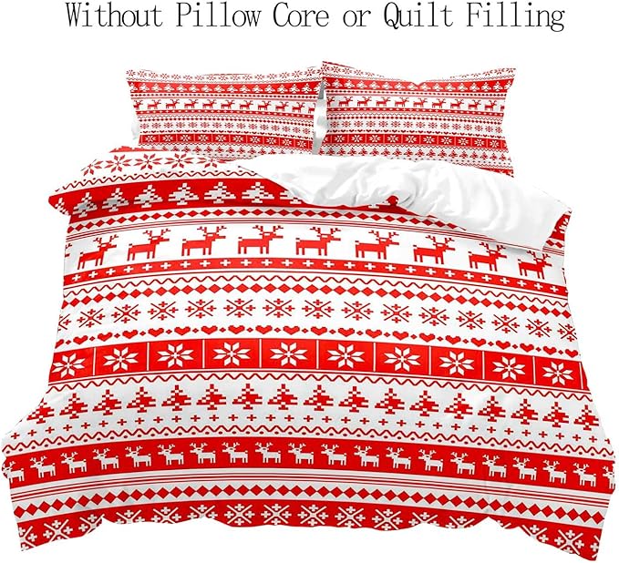 LUVIVIHOME 2PCS Christmas Duvet Cover Twin Bedding Set, White Red Duvet Cover, Reindeer Snowflake Poinsettia Christmas Tree Holiday New Year Xmas Striped Comforter Quilt, 1 Pillow Sham