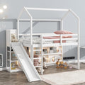 Flieks Twin Size Wood House Loft Bed Frame for Boys Girls Kids Adults Toddler with Slide, Storage Shelves and Light, White