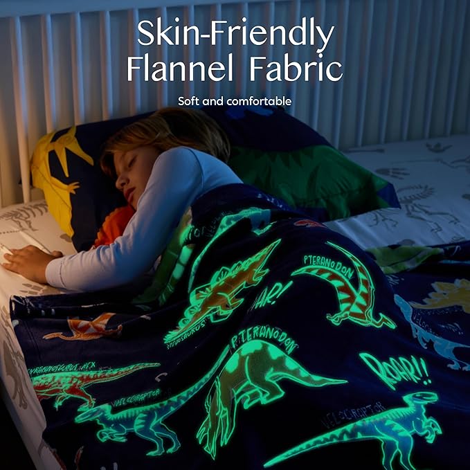 Joiedomi Glow in The Dark Blanket Dinosaur Toys for Kids 3-5 Dinosaur Gifts Toys for Age 2 3 4 5 6 7 8 9 10 11 12 Year Old, Soft Cozy Flannel Kids Throw Blanket, Birthday 50"×60"