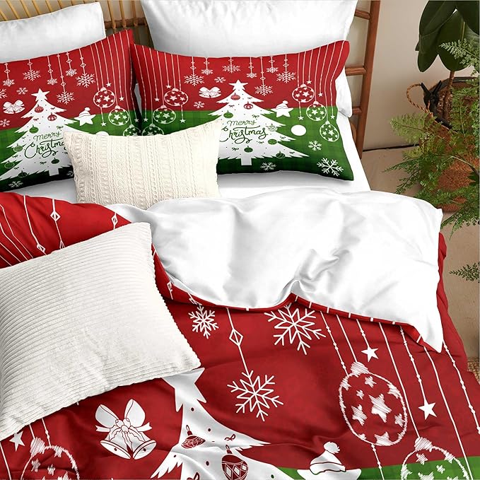 Red Christmas Duvet Cover King Size Green Christmas Tree Gingham Bedding Set Kids Boys Girls Checked Holiday Pattern Comforter Cover 3 Pieces with Zipper Closure (No Comforter)