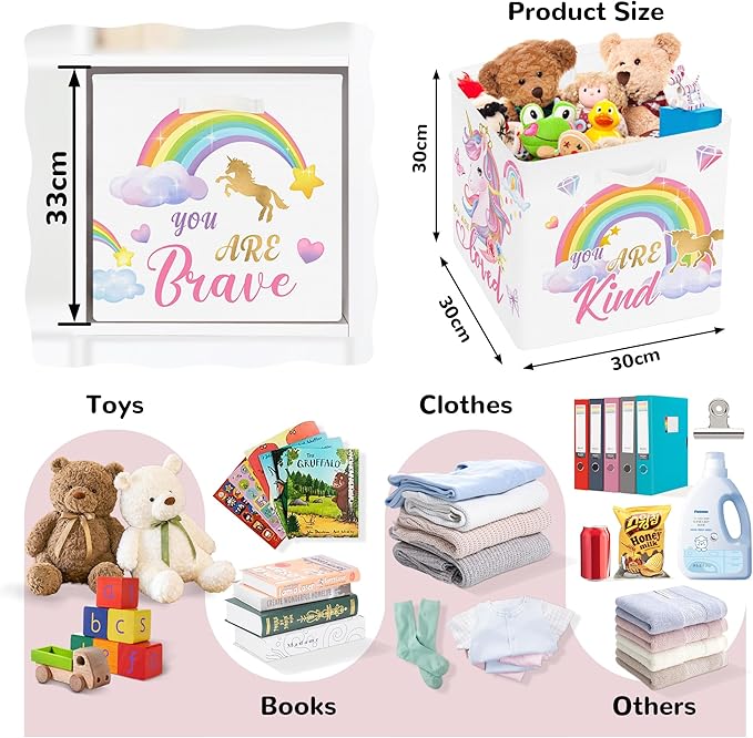 Clastyle Pink Unicorn Rainbow Kid Storage Basket Set Foldable Closet Clothes Organizer Nursery Toddler Toy Bin Girl Book Shelf Basket, Diamond, 11.8x11.8x11.8 in