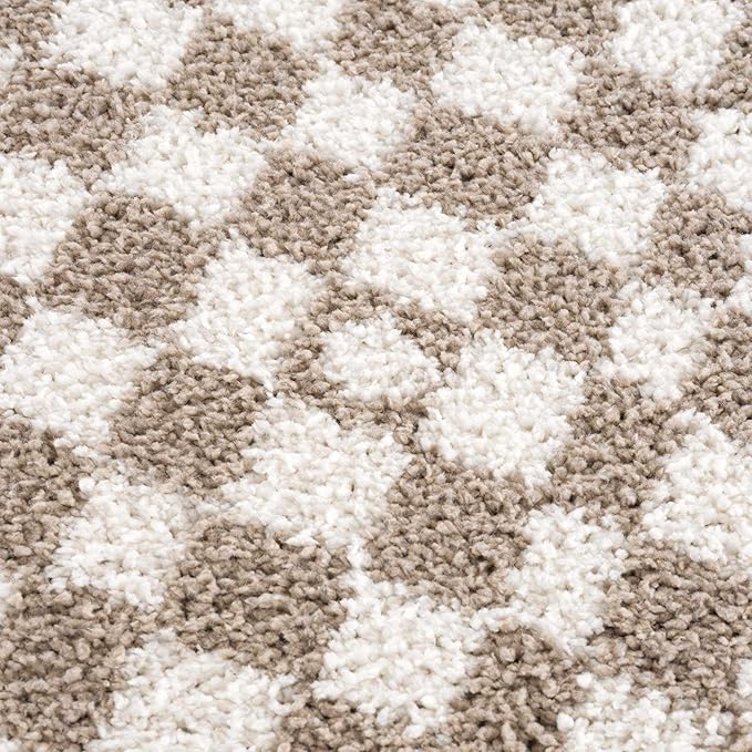 Hauteloom Kieu Contemporary Checkered Fluffy Shag Area Rug - Modern Geometric Soft Carpet Tiles for Living Room, Kids Room, Nursery - Gray, Taupe, White - 5'3" x 7'