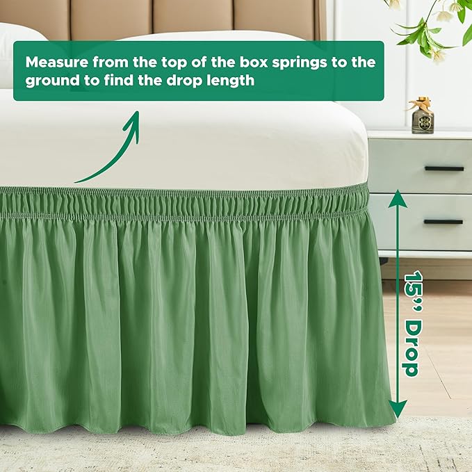 Biscaynebay Wrap Around Bed Skirts for Full & Full XL Beds 15" Drop, Sage Adjustable Elastic Dust Ruffles Easy Fit Wrinkle & Fade Resistant Silky Luxurious Fabric Machine Washable