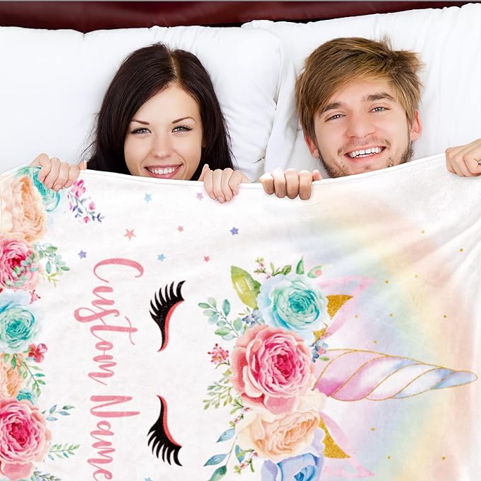 Personalized Unicorn Blanket with Name for Girl, Custom Name Blanket for Teen, Soft Flannel Pink Unicorn Toddler Blanket Customized Gift for Birthday 50''x60''