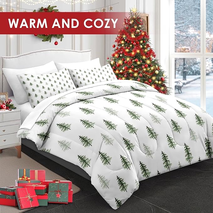 7 Pcs Full Size Christmas Comforter Set with 2 Pillowcases & 2 Shams, Nature Simple Pine Tree Bedding for Kids and Adults, Winter Merry Xmas Bed in a Bag with Flat Fitted Sheet