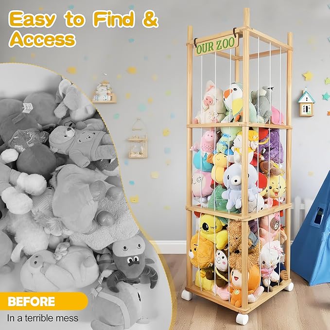 Stuffed Animal Storage with Wheels Wooden Stuffed Animal Holder 54" Stuffed Animal Organizer Space Saving Plushies Storage with Elastic Band Large Capacity Stuffy Storage for Playroom Bedroom