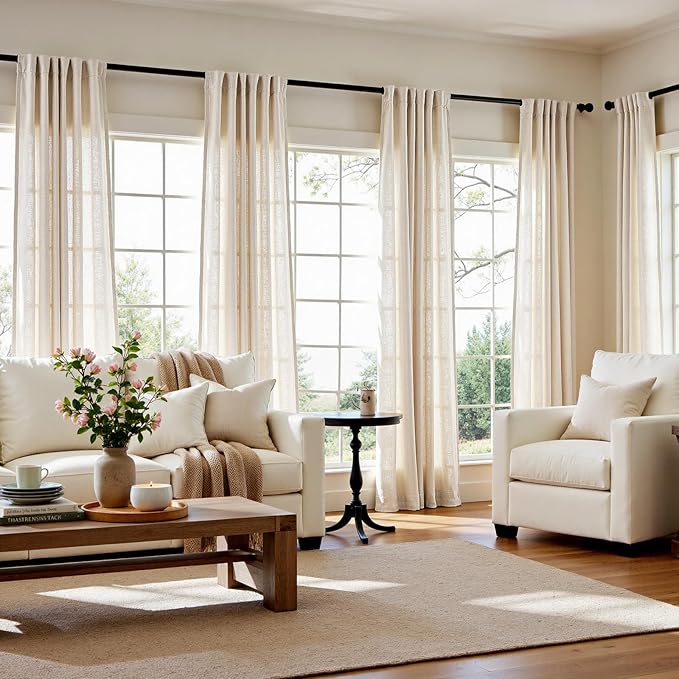 jinchan Beige Linen Blend Curtains 96 Inches Length 2 Panels for Bedroom Living Room, Floor to Ceiling 60 Inches Wide Natural Farmhouse Drapes with Rod Pocket Back Tab (60W x 96L, Ecru)