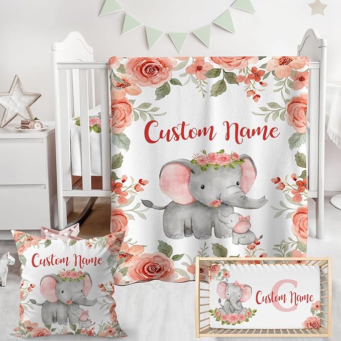 Personalized Baby Crib Bedding Set,3 Piece Custom Name Nursery Set with Blanket, Fitted Sheet & Pillowcase for Baby Girls & Boys, Elephant Floral Theme(Fixed Size)