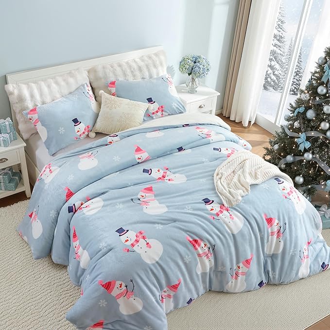 JANZAA Christmas Queen Comforter Set, Blue Flannel Comforter with Snowman Pattern, Soft Cozy Lightweight Bedding Set Fluffy Comforter Set 1 Queen Comforter(90"*90") and 2 Pillowcases (20"*26")