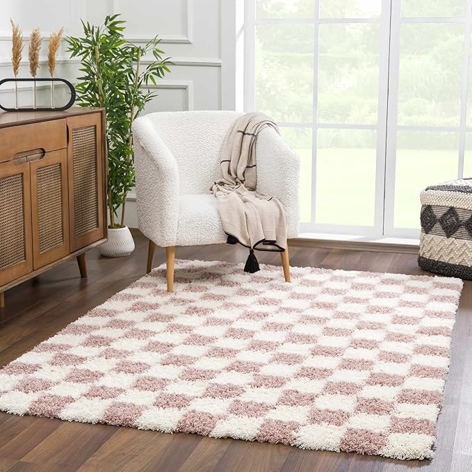 BoutiqueRugs Atira Pink Checkered Shag Area Rug - Cream, Rose Gold - 8'10" x 12'