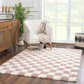 Hauteloom Atira Contemporary Checkered Fluffy Shag Area Rug - Modern Geometric Carpet Tiles for Living Room, Kids Room, Nursery - Plush Pile - Pink, Cream, White - 6'7" x 9'6"