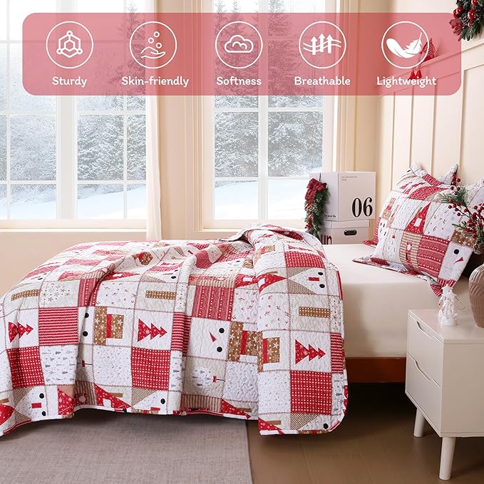 JSD Kids Christmas Quilt Set Full/Queen, Patchwork Christmas Bedding 3 Piece, Soft Microfiber Bedspread Coverlet Holiday Quilted Blanket