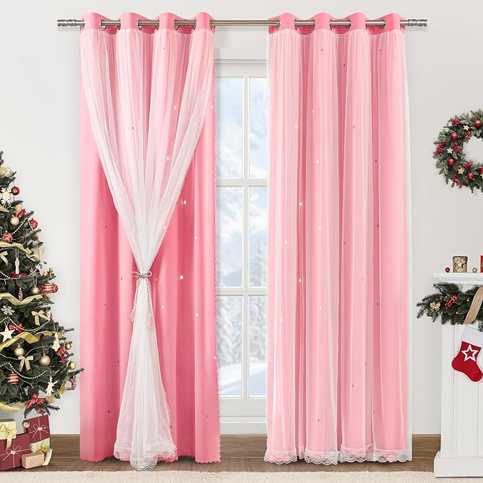XiDi Pink Curtains for Girls Bedroom 84 Inches Long Blackout Nursery Curtains Double Layer with Sheer Overlay for Kids Toddler Princess Room Grommet Privacy Room Darkening Window Drapes 52x84 Inches
