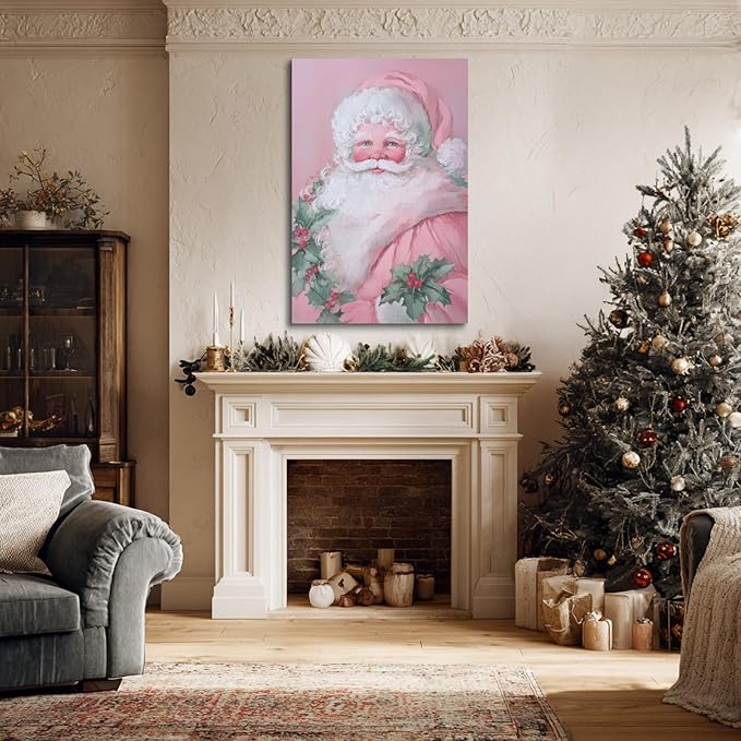 YONICA Christmas Canvas Wall Art Pink Santa 36x46 Inch Soft Pastel Holiday Art for Nursery - Large Framed Gallery Wrapped Kids Room Decor