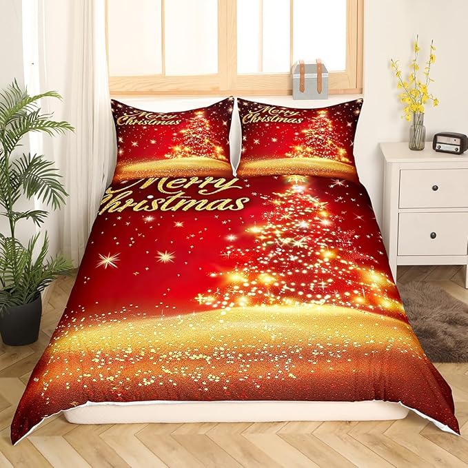 Christmas Tree Duvet Cover Set Queen Size Gold Sparkle Comforter Cover Merry Christmas Bedding Set 3pcs for Kids Boys Girls Western New Year Theme Bedspread Cover with 2 Pillowcases,No Comforter