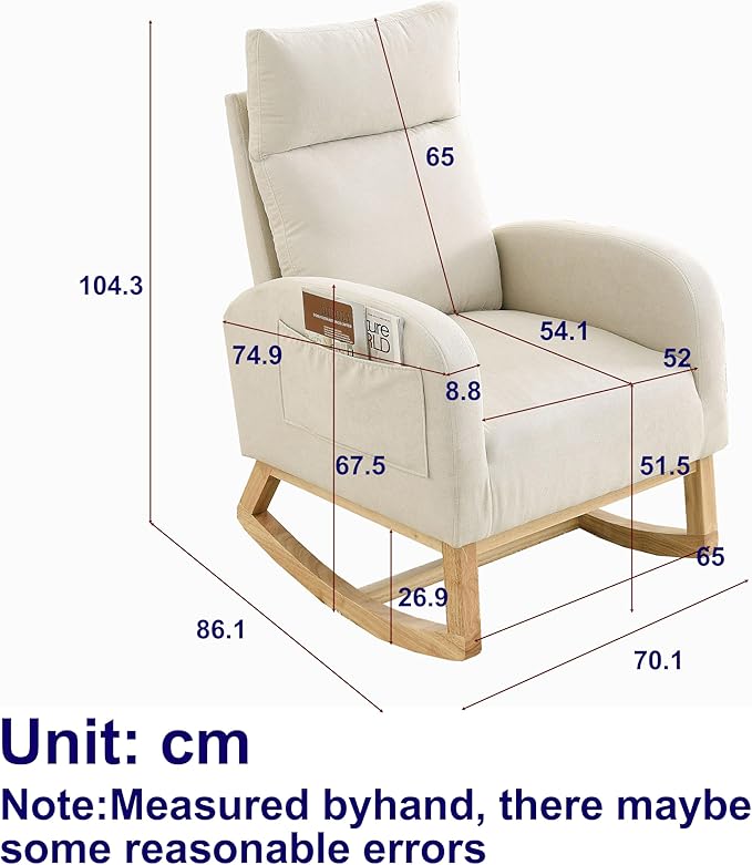 Dolonm Nursery Rocking Chair for Living Room, Upholstered Mid-Century Modern Nursery Rocking Armchair Tall Back Accent Glider Rocker, Beige