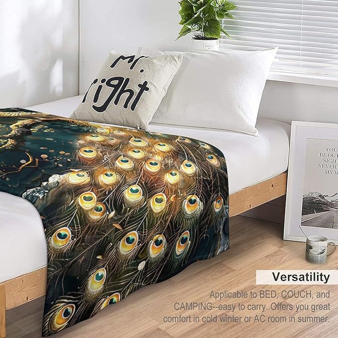 Peacock Blanket Gold Peacock Gifts for Girls Boys Woman Kids Lover Throw Blankets Soft Blanket Warm Fleece Flannel Plush Blankets for Bed Sofa Couch 60"x80"