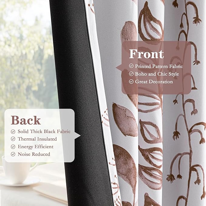 MEETSKY 95% Blackout Curtains for Bedroom, Thermal Insulated Privacy Protection Back Tab Curtains 63 Inches Length for Living Room, Brown Leaf Pattern, 2 Panels, 50" Wide Each