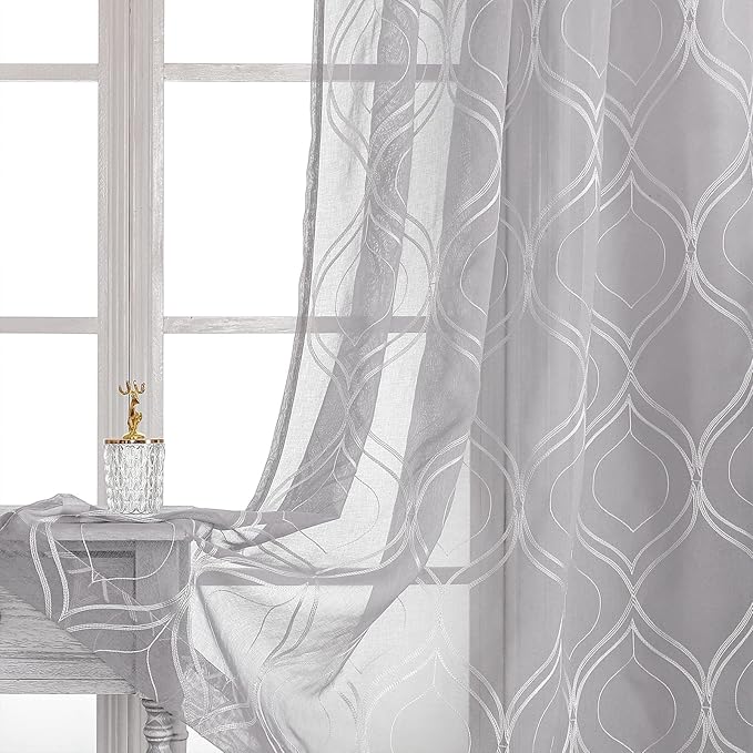 VISIONTEX Sheer Curtains 72 Inches Long 2 Panels Set Light Grey Moroccan Embroidered Curtains Trellis French Textured Rod Pocket Voile Tulle Semi Window Drapes for Bedroom Living Room 54 x 72 Inches
