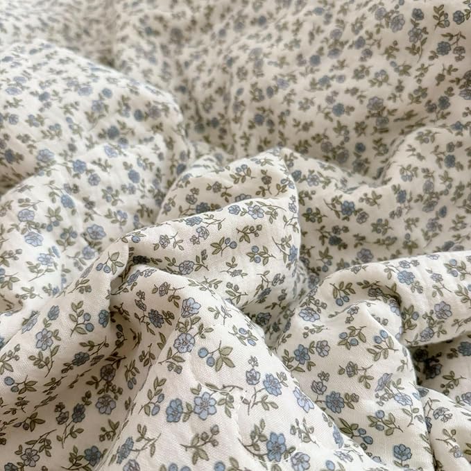 BuLuTu Blue Floral Print Duvet Cover Full Bed Comforter Cover 79"x90", Cotton Muslin Quilt Cover with Ruffles Chic Princess Bedding Duvet Cover with Zipper, No Pillow Cases/Filling